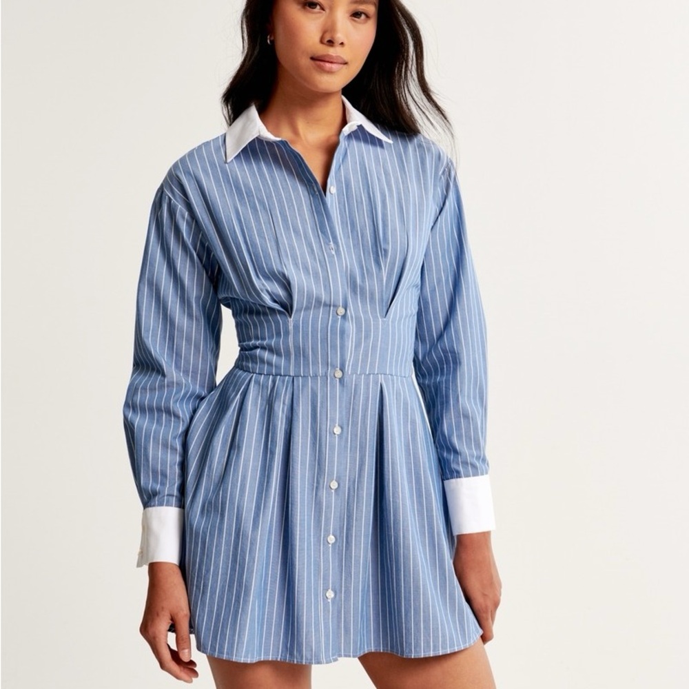 Abercrombie and Fitch Women's Poplin Blue Long Sleeve Striped Mini Dress Size M